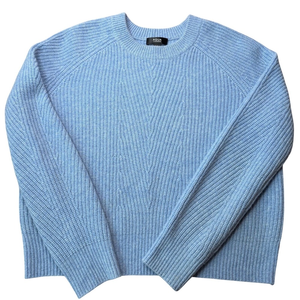 Aqua 100% Cashmere Ribbed Chevron Sweater Women S Light Blue Raglan Office